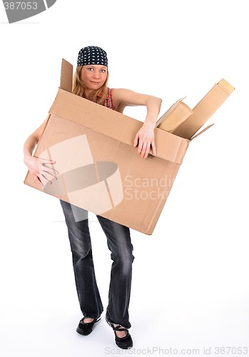 Image of Young woman with a big cardboard box