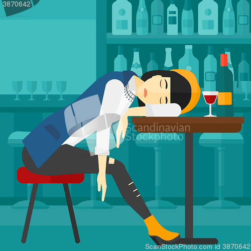 Image of Woman sleeping in bar. 