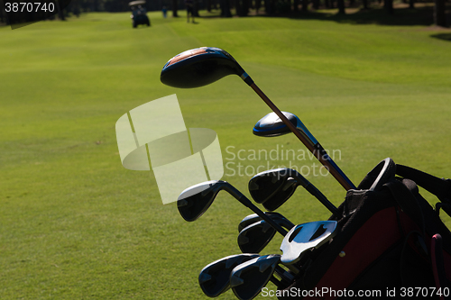 Image of close up golf bag on course