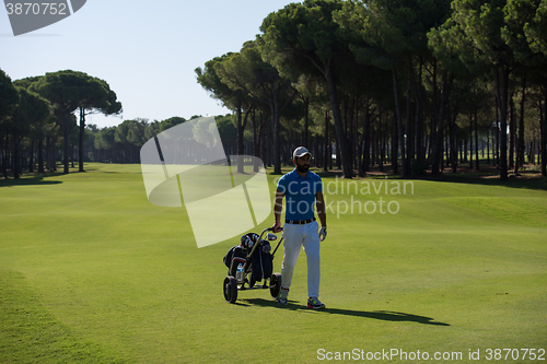 Image of golf player walking with wheel bag