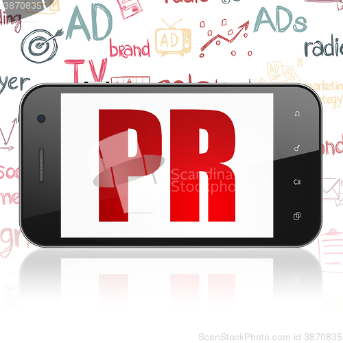 Image of Marketing concept: Smartphone with PR on display