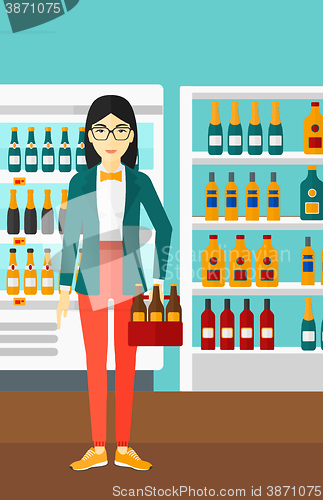 Image of Woman with pack of beer.