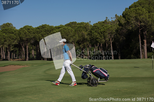 Image of golf player walking with wheel bag