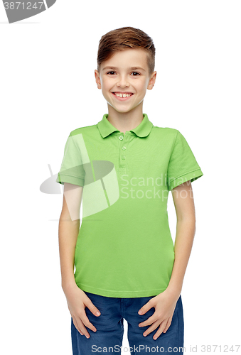 Image of happy boy in green polo t-shirt