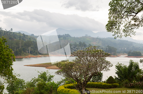 Image of view to lake or river from land hills on Sri Lanka