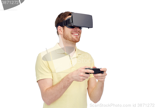 Image of man in virtual reality headset or 3d glasses