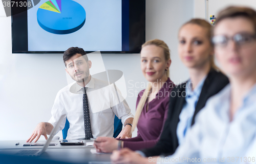 Image of young business people group on team meeting at modern office