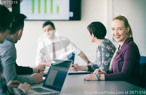 Image of young business people group on meeting at office