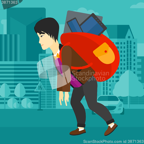 Image of Man with backpack full of devices.