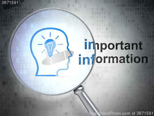Image of Information concept: Head With Lightbulb and Important Information with optical glass