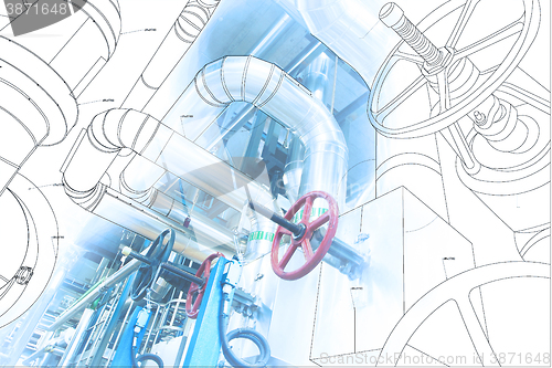 Image of wireframe computer cad design of pipelines for modern industrial