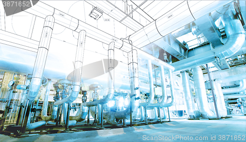 Image of wireframe computer cad design of pipelines for modern industrial