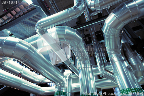 Image of Industrial zone, Steel pipelines, valves, cables and walkways