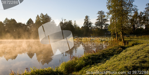 Image of Golden morning fog over pond