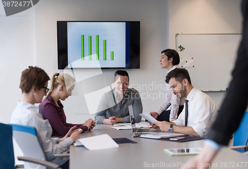 Image of young business people group on team meeting at modern office