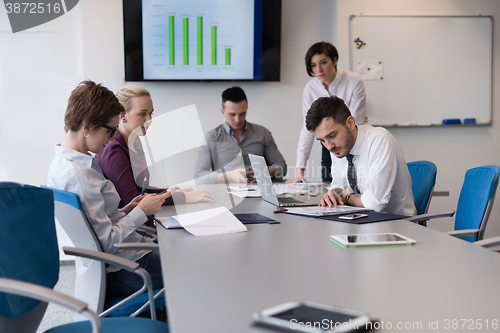 Image of young business people group on team meeting at modern office