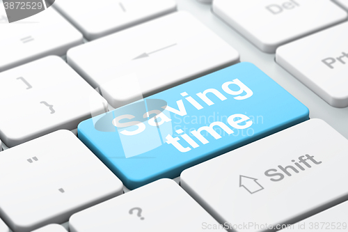 Image of Timeline concept: Saving Time on computer keyboard background