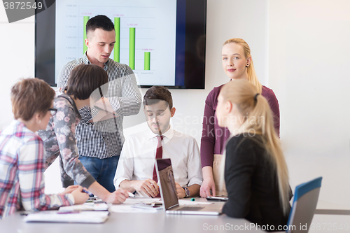 Image of young business people group on meeting at modern office