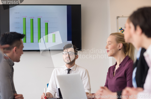 Image of young business people group on team meeting at modern office