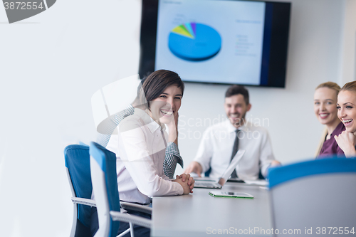 Image of young business people group on team meeting at modern office