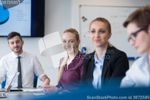 Image of young business people group on team meeting at modern office