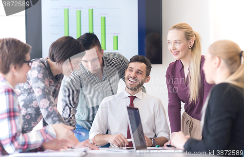 Image of young business people group on meeting at modern office