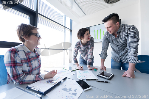 Image of young business people group on meeting at modern office