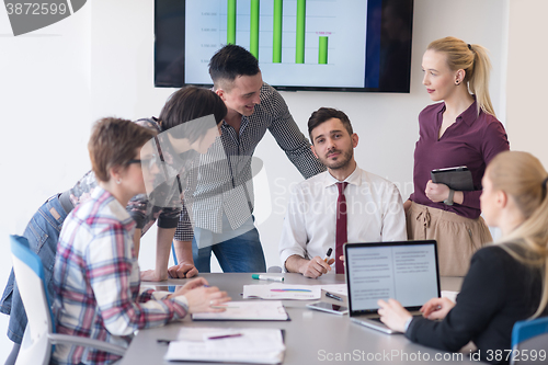 Image of young business people group on meeting at modern office