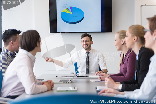 Image of young business people group on team meeting at modern office