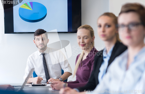 Image of young business people group on team meeting at modern office