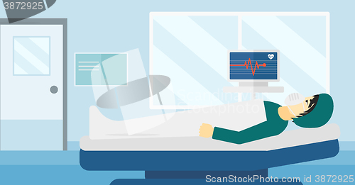 Image of Patient lying in hospital bed with heart monitor.