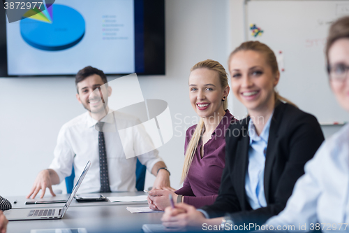 Image of young business people group on team meeting at modern office