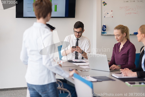 Image of young business people group on team meeting at modern office