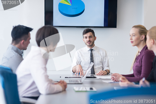 Image of young business people group on team meeting at modern office