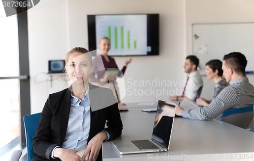 Image of portrait of young business woman at office with team on meeting 