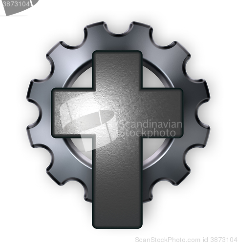 Image of christian cross and gear wheel - 3d rendering