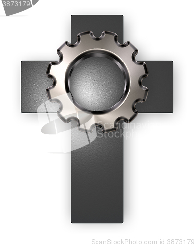 Image of christian cross and gear wheel - 3d rendering