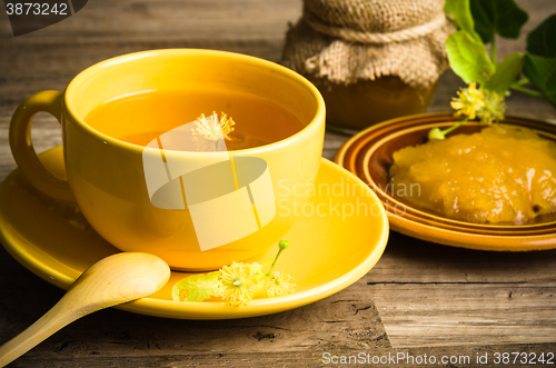 Image of Still life with linden tea and honey