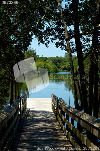 Image of view of river pier through trees