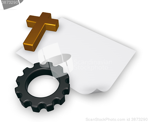 Image of christian cross and gear wheel - 3d rendering