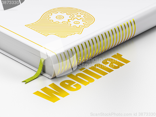Image of Studying concept: book Head With Gears, Webinar on white background