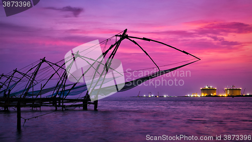 Image of Chinese fishnets on sunset. Kochi, Kerala, India