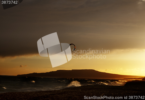 Image of Silhouette of power kites at sunset 