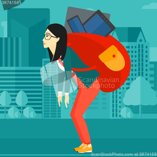 Image of Woman with backpack full of devices.