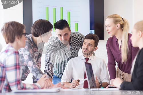 Image of young business people group on meeting at modern office