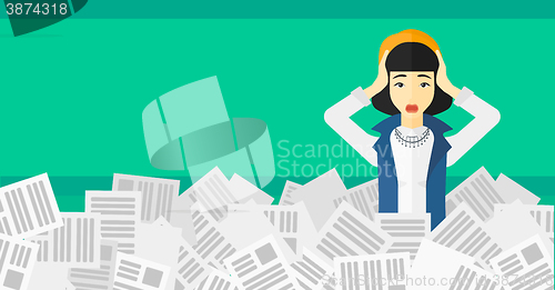 Image of Woman in stack of newspapers.