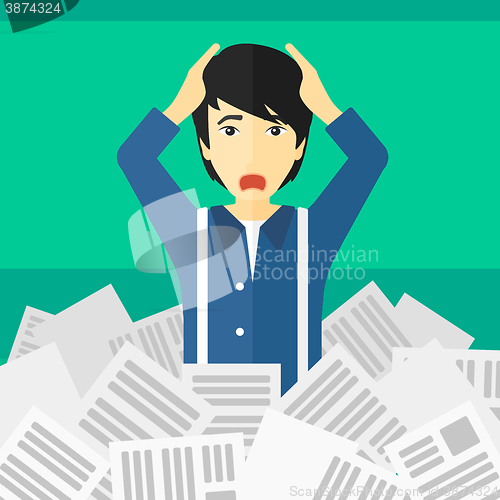 Image of Man in stack of newspapers.