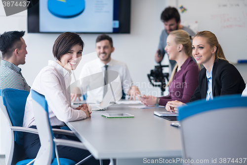 Image of young business people group on team meeting at modern office