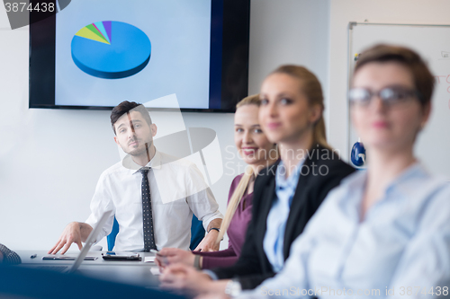 Image of young business people group on team meeting at modern office