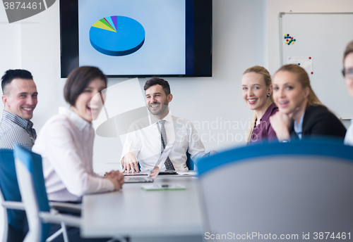 Image of young business people group on team meeting at modern office